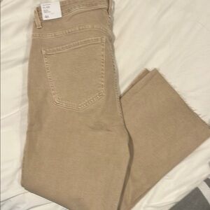 MNG Sienna Women's Tan Flare cropped jeans with freyed bottoms